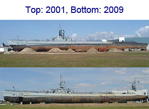 USS Drum on the land, 2001 and 2009